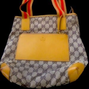 GUCCI GG Canvas Sherry Line Tote Bag Beige Red